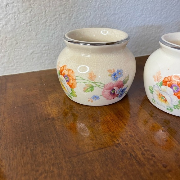 Vintage Bakerite 3.5" Earthenware Dishes w/ Flowers and Silver Trim Set of 3 - Picture 3 of 8